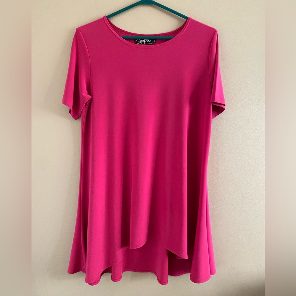 Sympli Short Sleeve Asymmetrical Hem Flowy Trapeze Dress Tunic Hot Pink